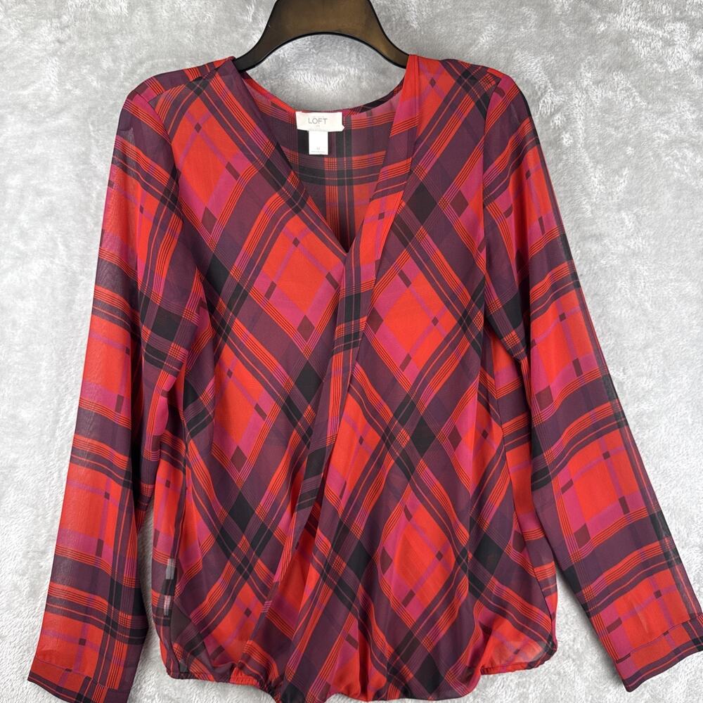 Ann Taylor LOFT Red Plaid Sheer V-Neck Blouse Faux Wrap Sz Medium